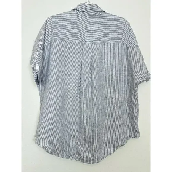 Quince Shirt Women’s Large 100% European Linen Camp Blue Pinstripe - Picture 2 of 10